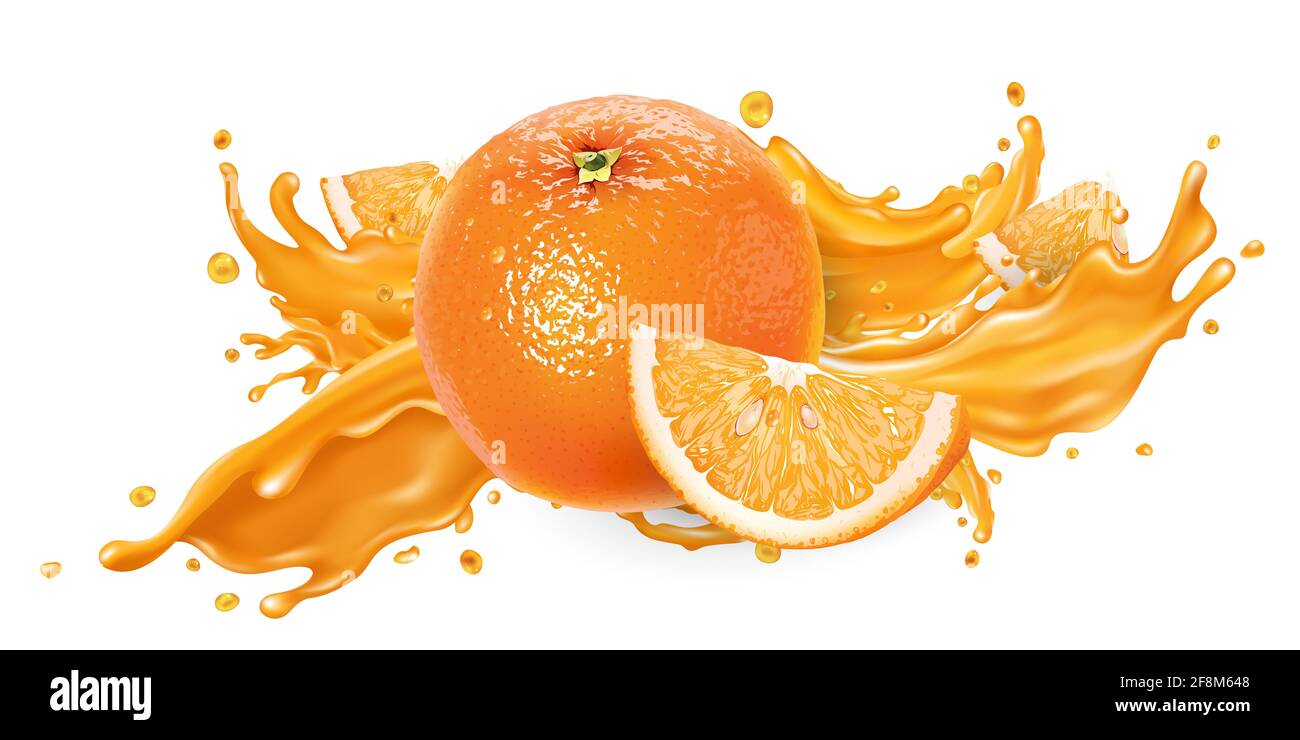 Splash of fruit juice and fresh orange. Stock Photo