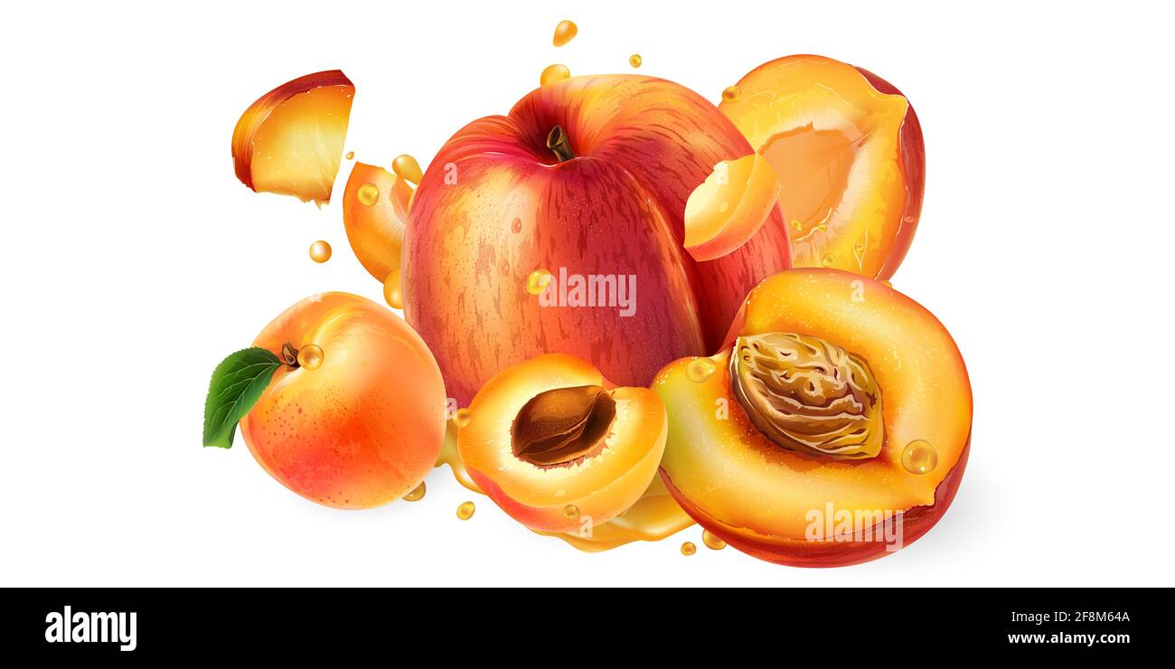 Fresh peaches and apricots and drops of fruit juice. Stock Photo