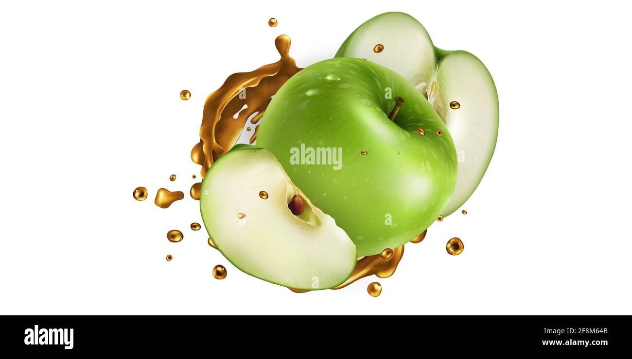 Fresh green apples and a splash of fruit juice. Stock Photo