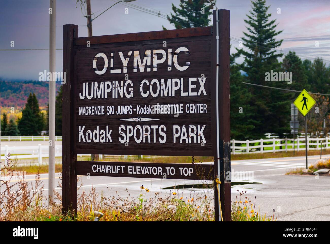 Sign in Lake Placid, New York state advertising the ski jumping complex. USA. Stock Photo
