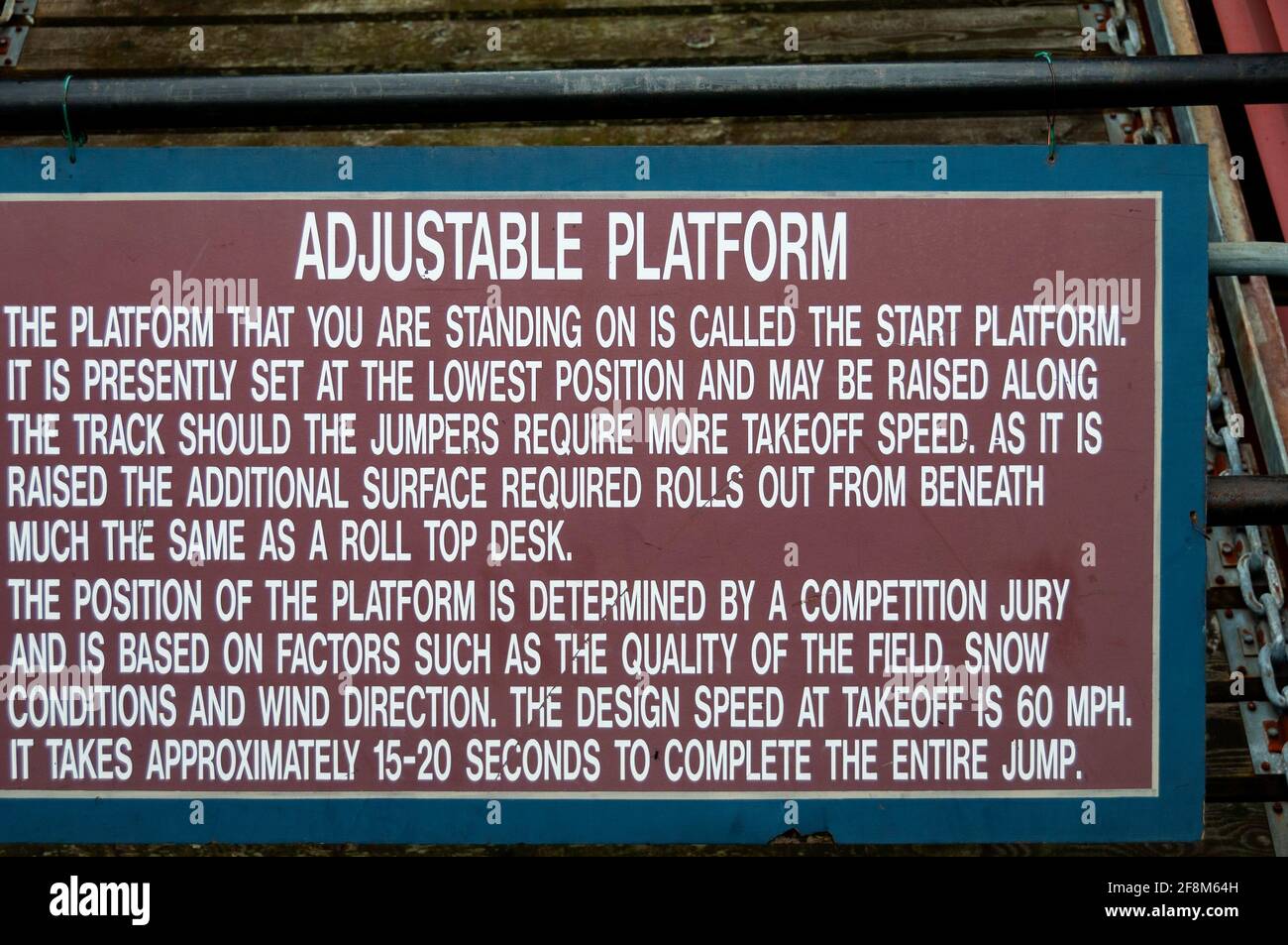 Sign in Lake Placid, New York state advertising the ski jumping complex and information about the adjustable ski platform. USA. Stock Photo