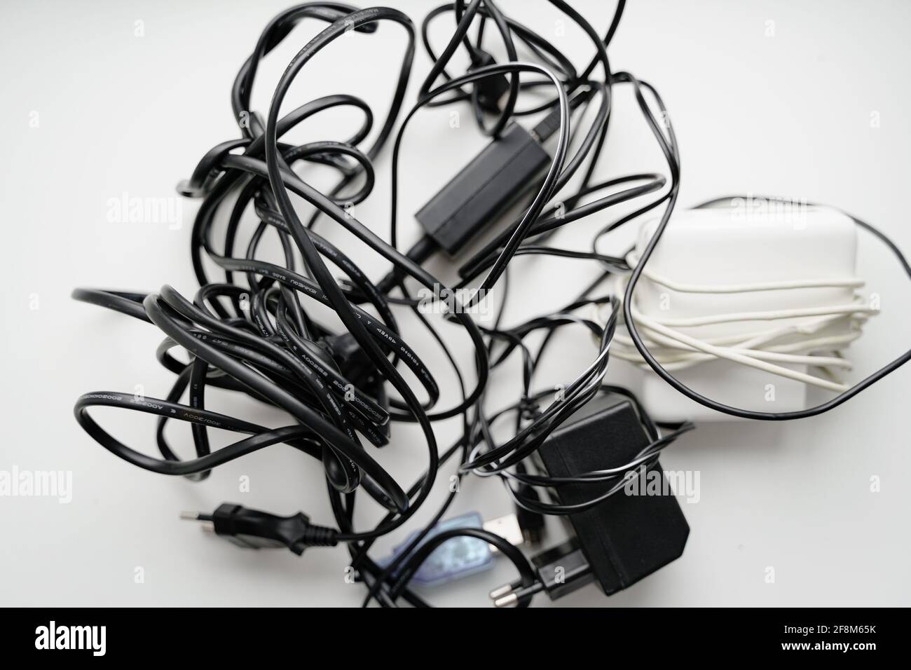 E waste, old cables and green plant. Gadget recycle of tech junk