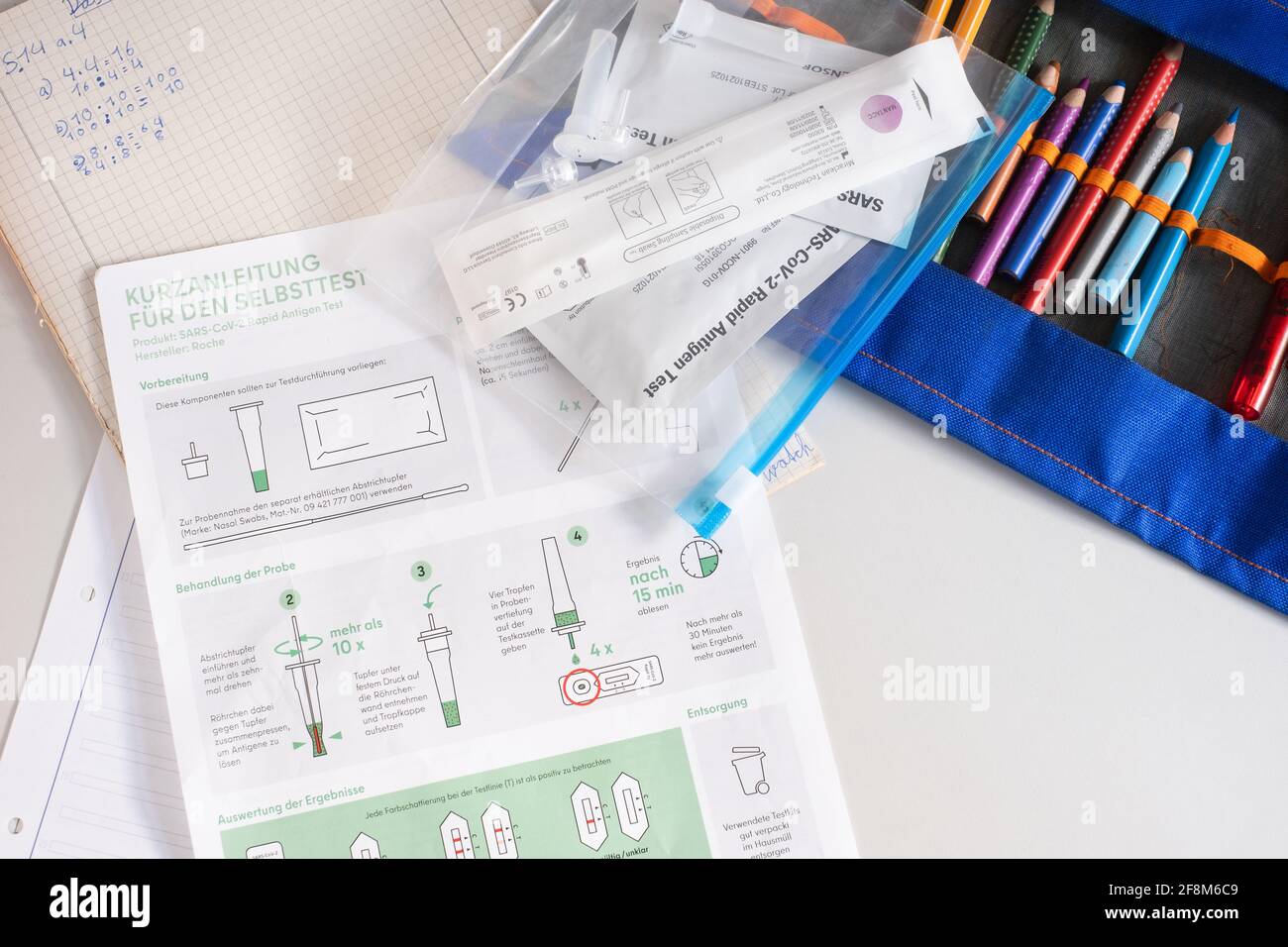 Berlin, 14/04/2021 - SARS-Cov-S Rapid Antigen Test, self test kit for school children with school equipment on a desk Stock Photo