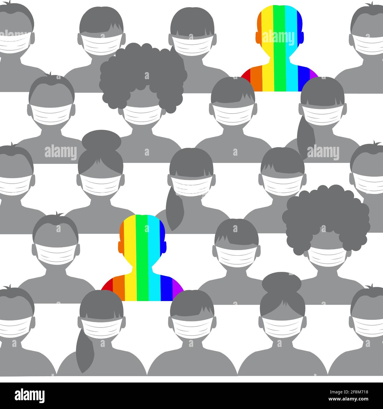 Rainbow man gray crowd in stylish style. Social diversity concept. People diversity. Vector isolated illustration. Confident person. Success symbol. Stock Vector