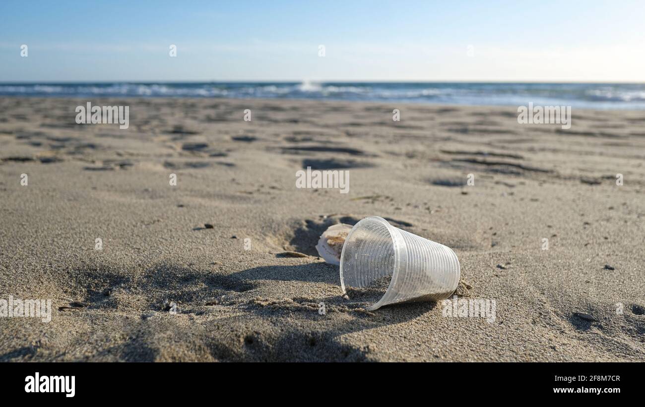 Disposable plastic glass discarded on sea coast ecosystem,nature waste ...
