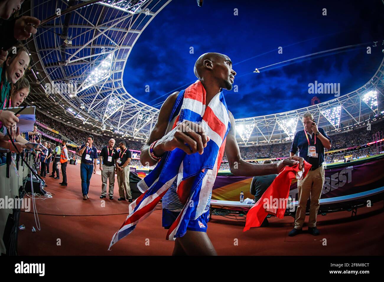 London 2017. Mo Farah celebrating his 10,000 meter victory at the 2017 London World Championships in Athletics. Stock Photo