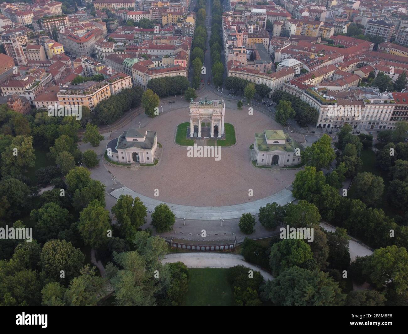 Aerial view of the Parco Sempione park on background of Milan's ...