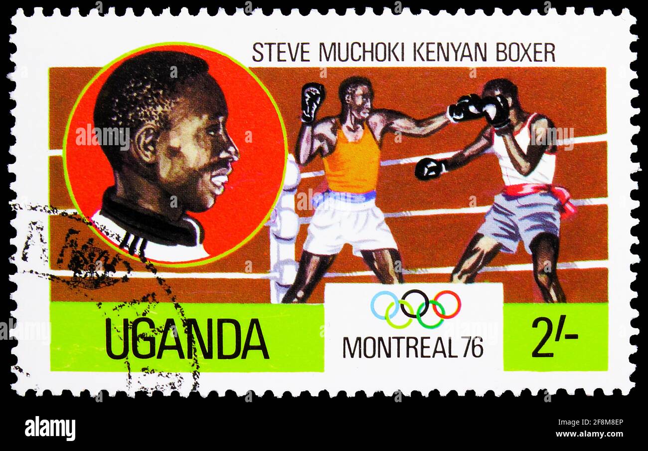 MOSCOW, RUSSIA - OCTOBER 4, 2019: Postage stamp printed in Uganda shows Steve Muchoki, Kenyan Boxer, Olympic Games 1976 - Montreal serie, circa 1976 Stock Photo