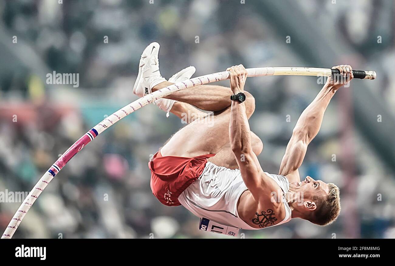 Doha 2019.Piotr Lisek jumping at the 2019 Doha World Athletics Championships. Stock Photo