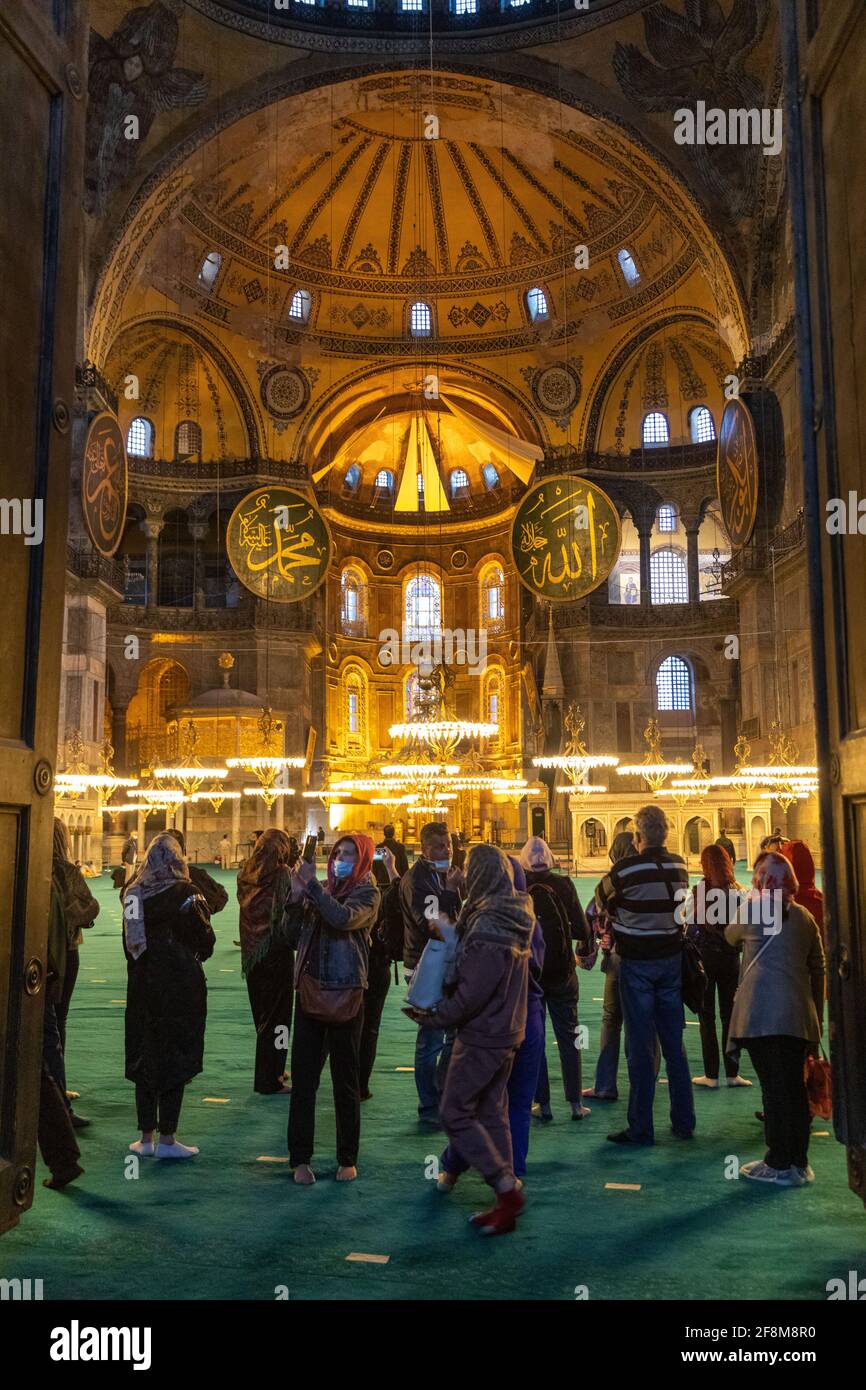 Hagia Sophia was left to tourists due to the curfews imposed due to the new coronavirus pandemic measures in Istanbul, Turkey on April 14, 2021. Stock Photo