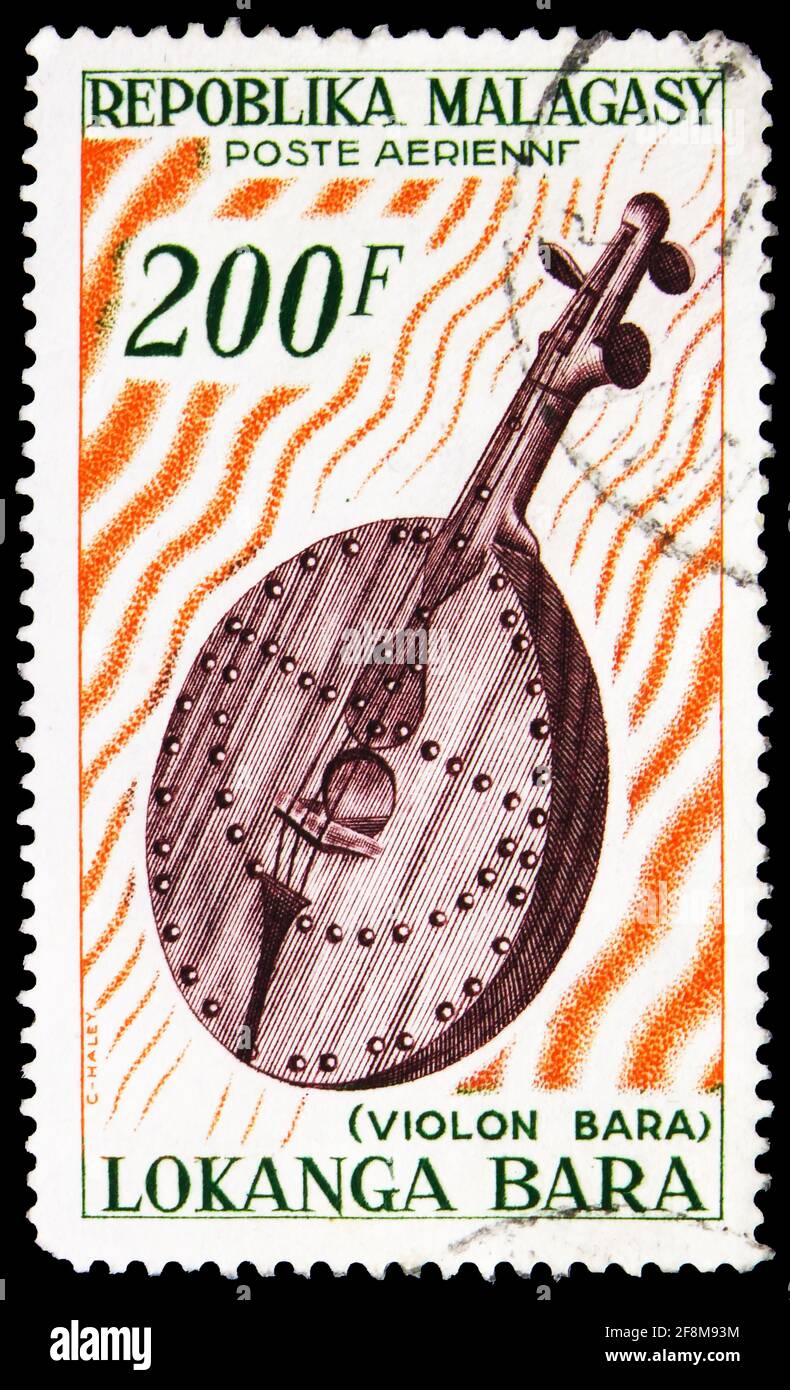 MOSCOW, RUSSIA - OCTOBER 4, 2019: Postage stamp printed in Madagascar shows Lokanga Bara, Musical instruments serie, circa 1965 Stock Photo