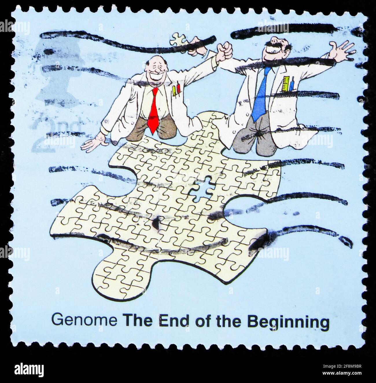 MOSCOW, RUSSIA - OCTOBER 4, 2019: Postage stamp printed in United Kingdom shows Genome - The End of the Beginning, Discovery of DNA serie, circa 2003 Stock Photo