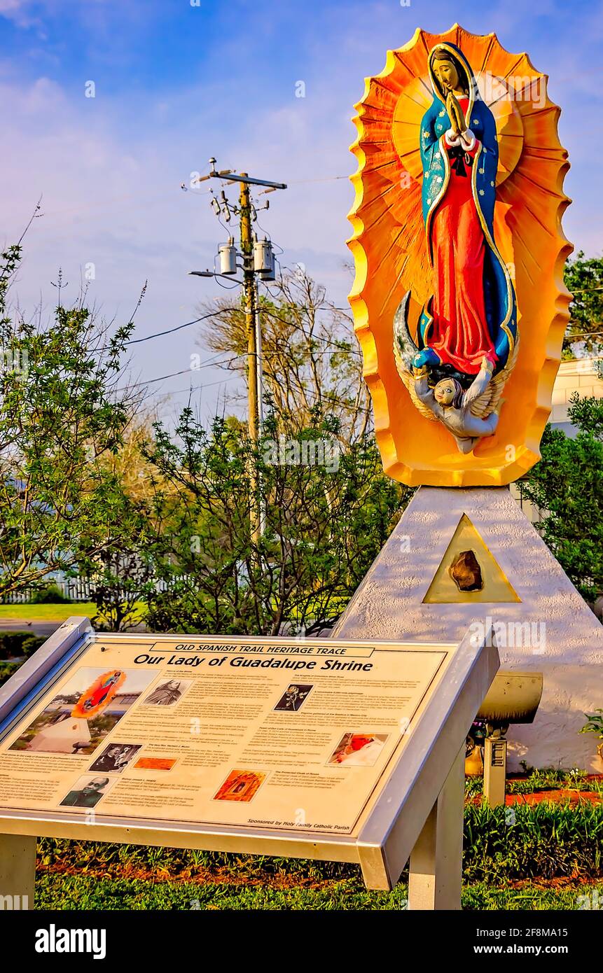 Our Lady of Guadalupe Shrine is illuminated by the setting sun at St. Paul Catholic Church, April 3, 2021, in Pass Christian, Mississippi. Stock Photo