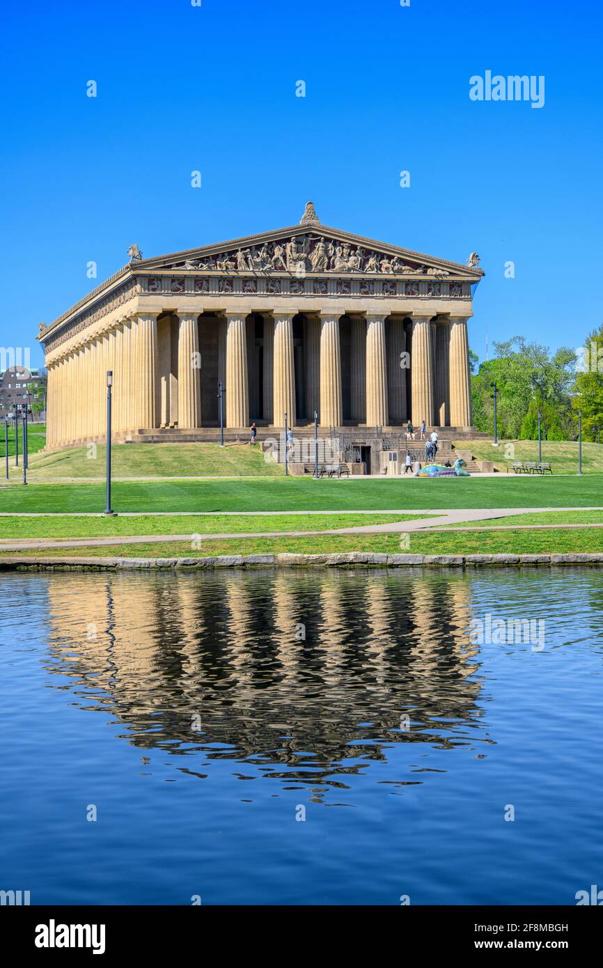 Parthenon left side with reflections in Lake Watauga, Nashville, TN Stock Photo