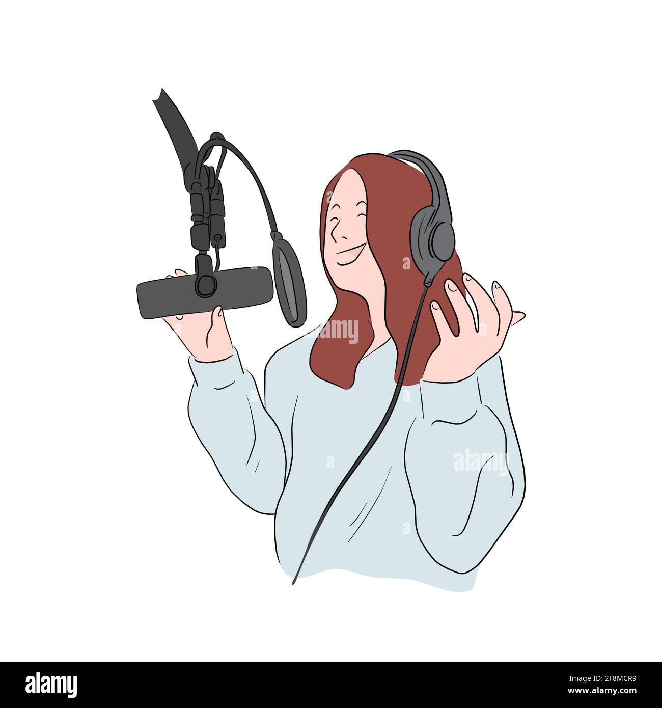 woman in headphones and microphone recording audio broadcast illustration vector. Podcast concept. Stock Vector