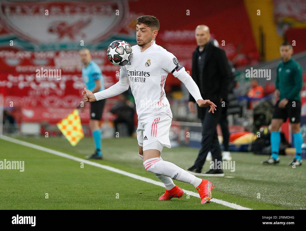 Liverpool, England, 14th April 2021.  Federico Valverde of Real Madrid during the UEFA Champions League match at Anfield, Liverpool. Picture credit should read: Darren Staples / Sportimage Stock Photo