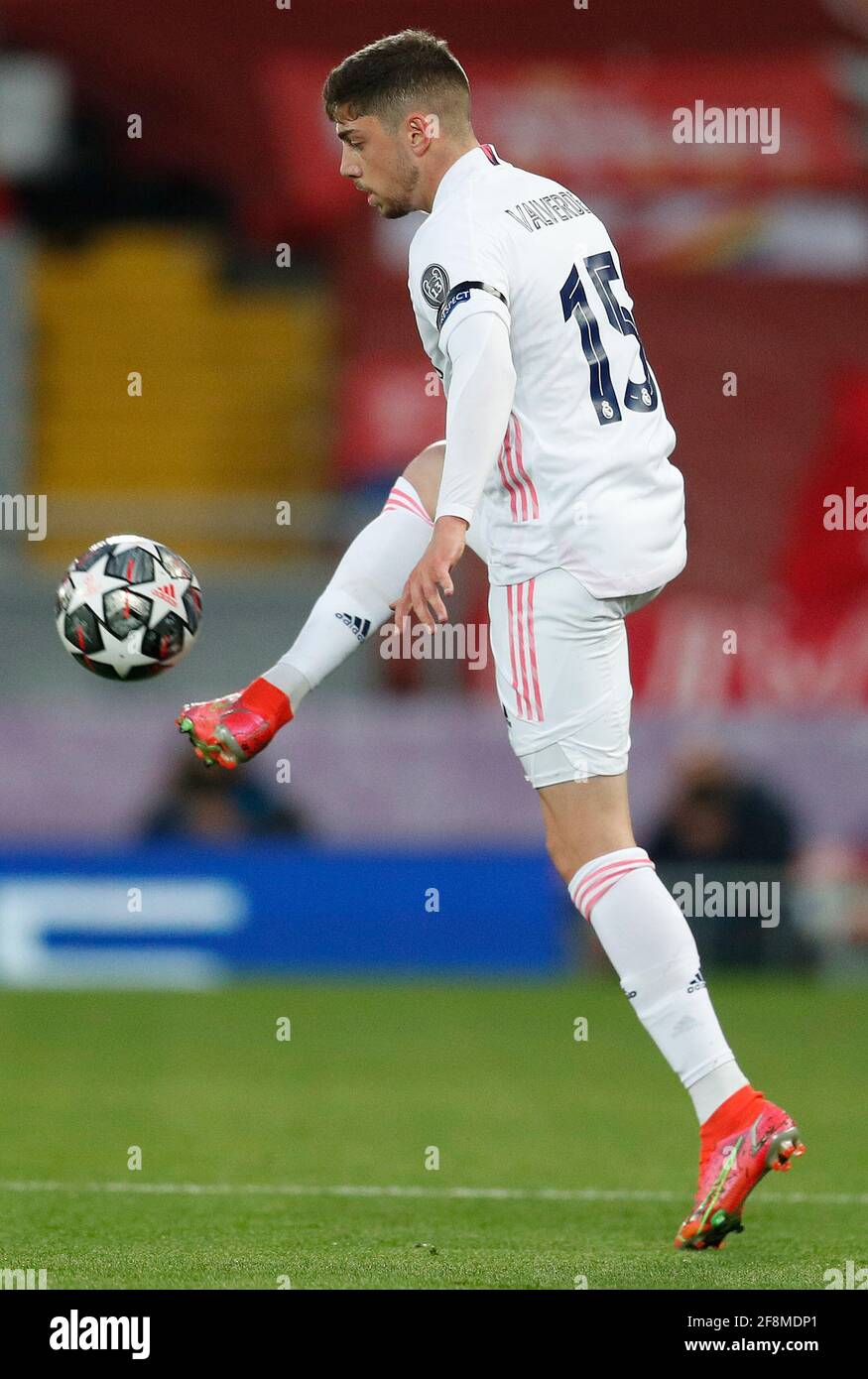 Liverpool, England, 14th April 2021.  Federico Valverde of Real Madrid during the UEFA Champions League match at Anfield, Liverpool. Picture credit should read: Darren Staples / Sportimage Stock Photo