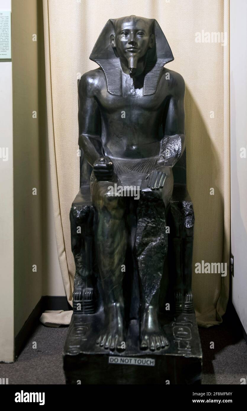 San Jose, California, USA. 14th Apr, 2021. Statue of Khafre is seen on display at the Rosicrucian Egyptian Museum. Established in 1928 as The Rosicrucian Egyptian Oriental Museum, the Museum - owned by the Rosicrucian Order, a philosophical and educational 501c3 public benefit organization - now houses more than 4,000 artifacts. It is the largest display of Egyptian artifacts in western North America. Credit: Brian Cahn/ZUMA Wire/Alamy Live News Stock Photo