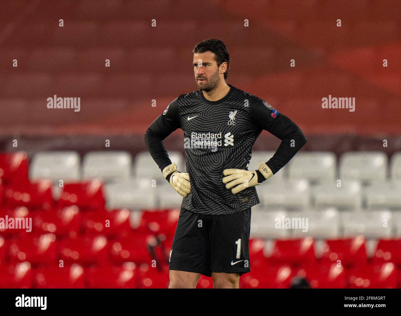 Liverpool. 15th Apr, 2021. Liverpool's goalkeeper Alisson Becker looks  dejected during the UEFA Champions League quarterfinal 2nd Leg match  between Liverpool and Real Madrid at Anfield in Liverpool, Britain, on  April 14,