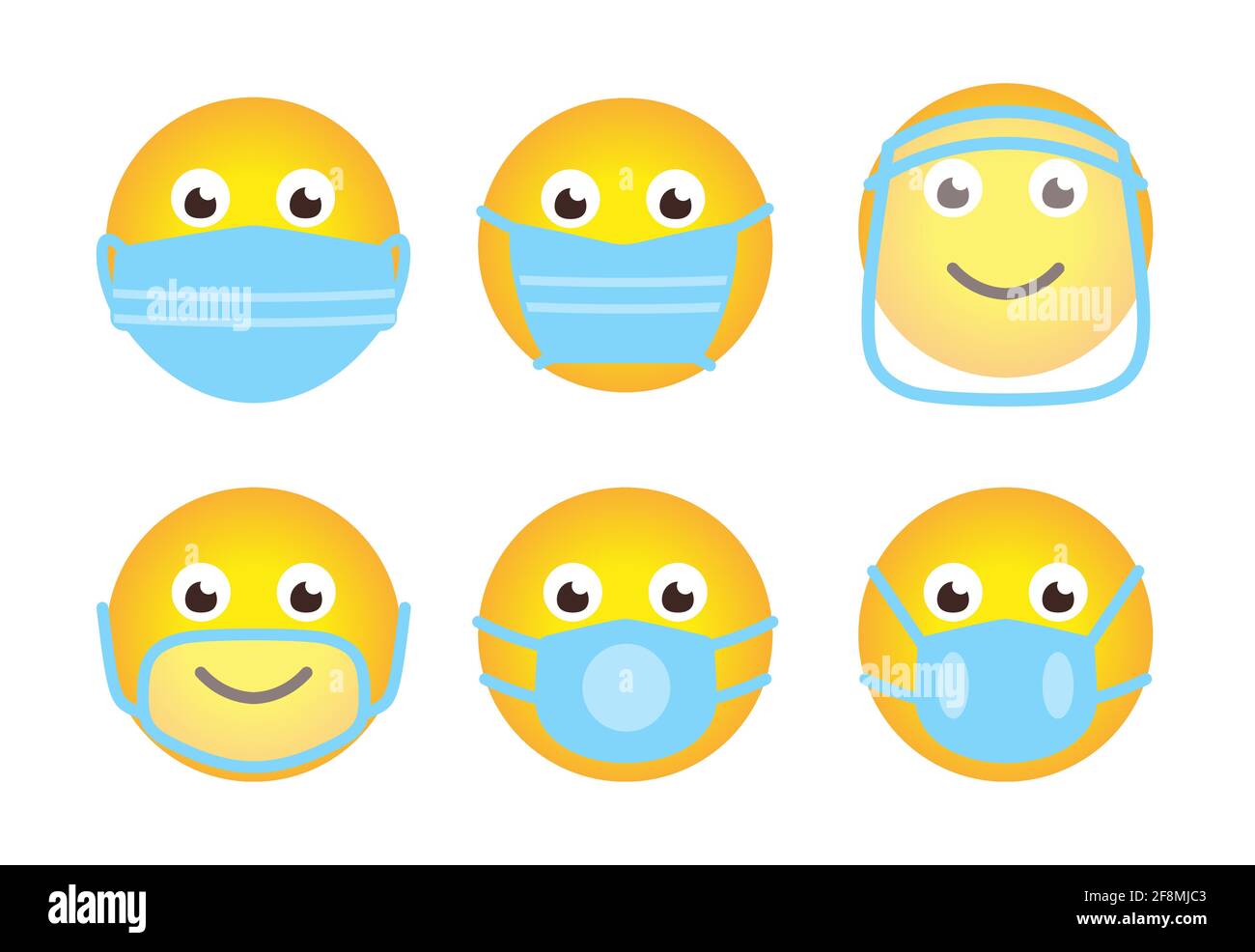 Emoji face icons set in medical mask. Stop COVID19. Kit emoticon in