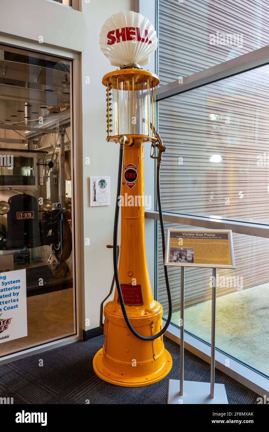 An antique Shell Oil Company visible gasoline pump on display at the Elliott Museum on Hutchinson Island in Stuart, Florida, USA. Stock Photo