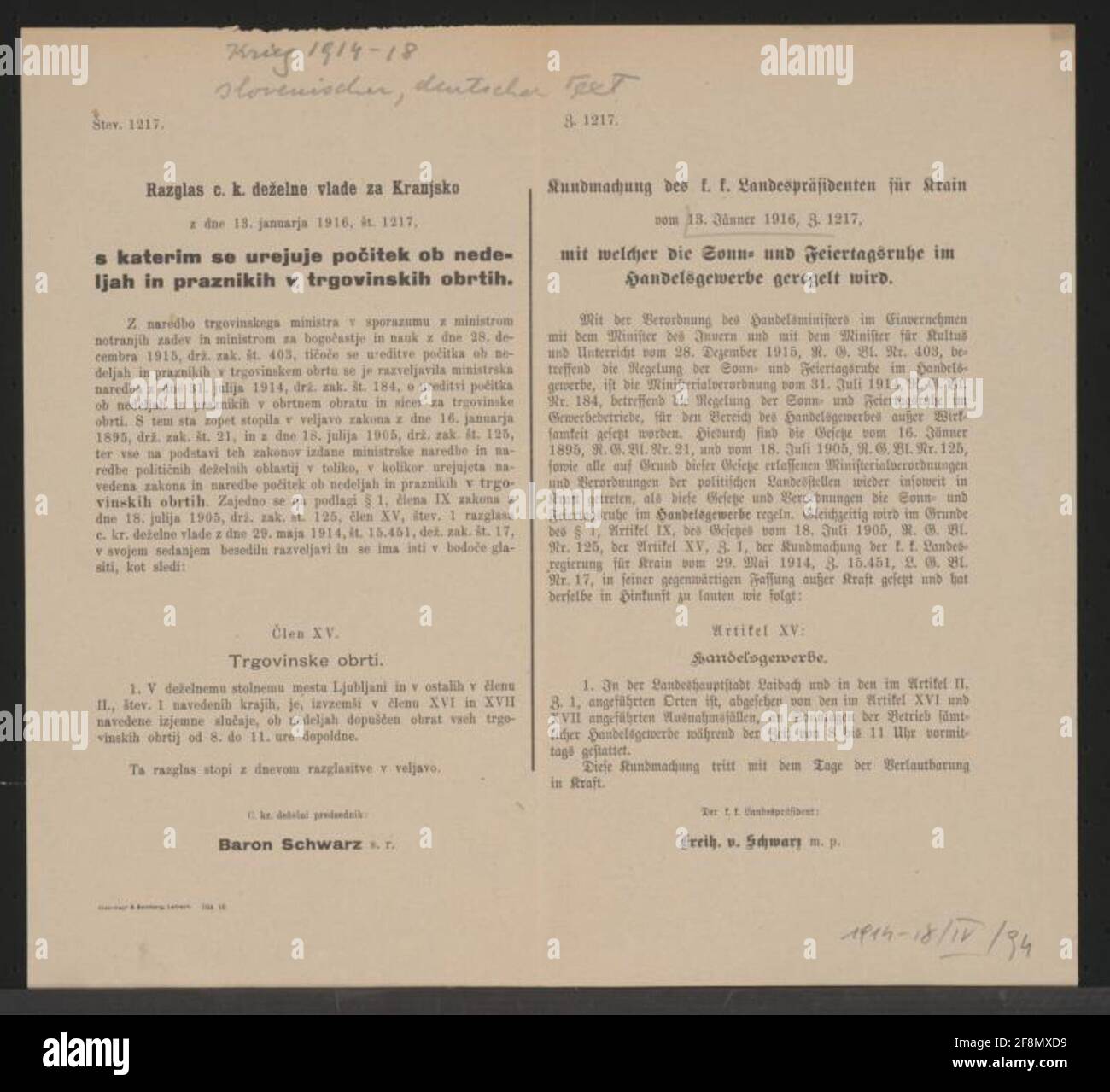 Sunday and holiday rest - announcement - Laibach - Multilingual poster Control of Sundays and public holidays in the trading industry - Permitted from 8 to 11 o'clock in the morning - the K.K. President Freiherr von Schwarz 13 January 1916, Z. 1217 Stock Photo