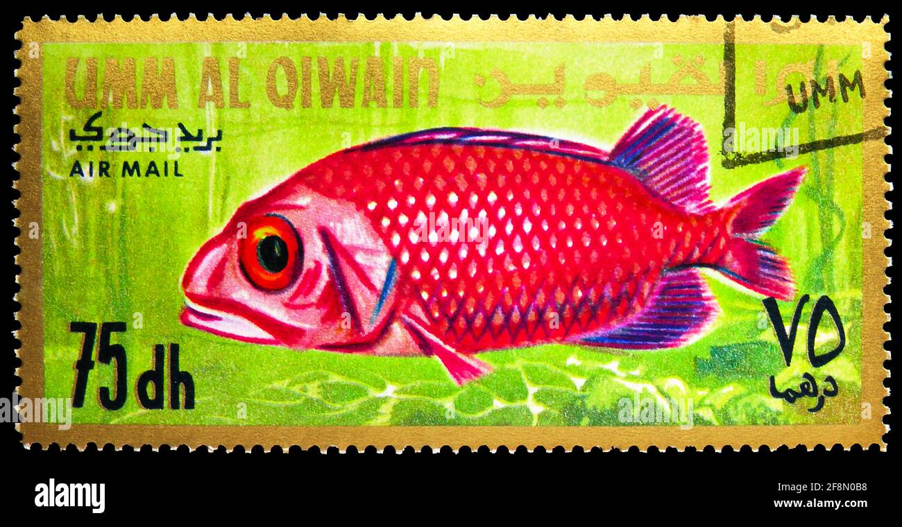 MOSCOW, RUSSIA - OCTOBER 4, 2019: Postage stamp printed in Umm Al Quwain shows Japanese Soldierfish (Ostichthys japonicus) - Juvenile, Fishes of the P Stock Photo