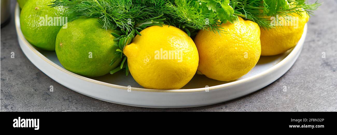 Citrus for fish or salat, top view and flat lay image. Banner 3:1 Stock Photo