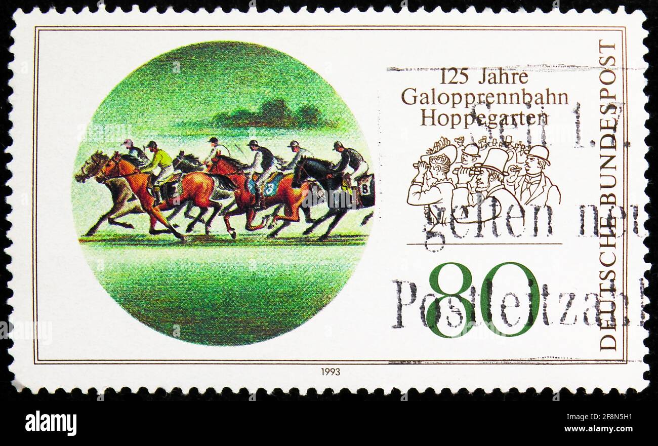 MOSCOW, RUSSIA - SEPTEMBER 30, 2019: Postage stamp printed in Germany devoted to 125 years horse racing track Hoppegarten, serie, circa 1993 Stock Photo