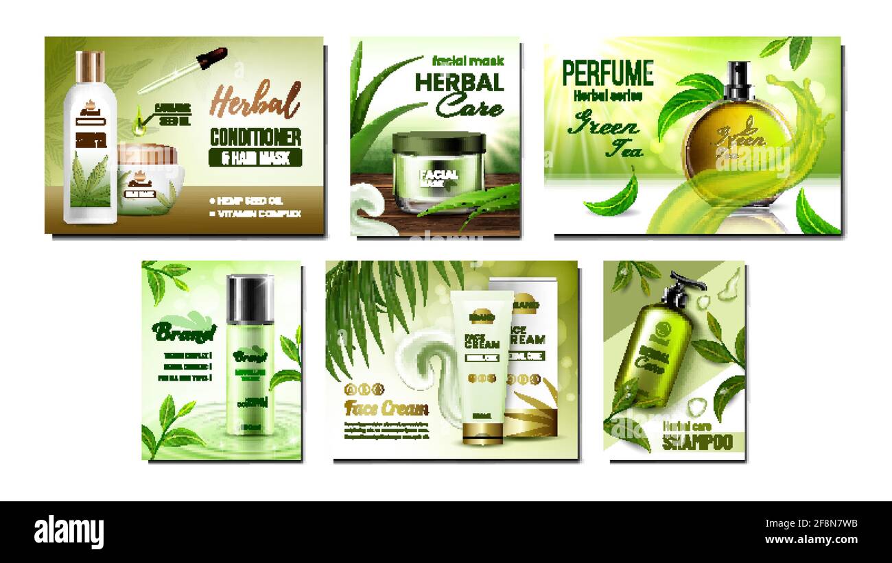 Herbal Cosmetic Promotional Posters Set Vector Stock Vector