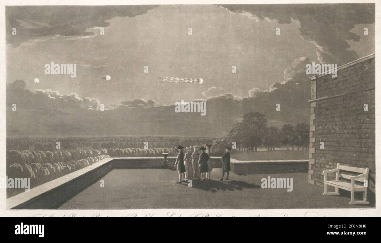 The Meteor of Aug. 18, 1783, as ist appeared from the NE Corner of the Terrace, at Windsor Castle, 18 Min after 9 in the Evening ... Widmung : To Sir Joseph Bankes (!) (Banks), President of the Royal Society, London this Plate, from Mitives of Respect and Esteem, ist inscribed by his most obed.t humble Serv.ts .... Stock Photo