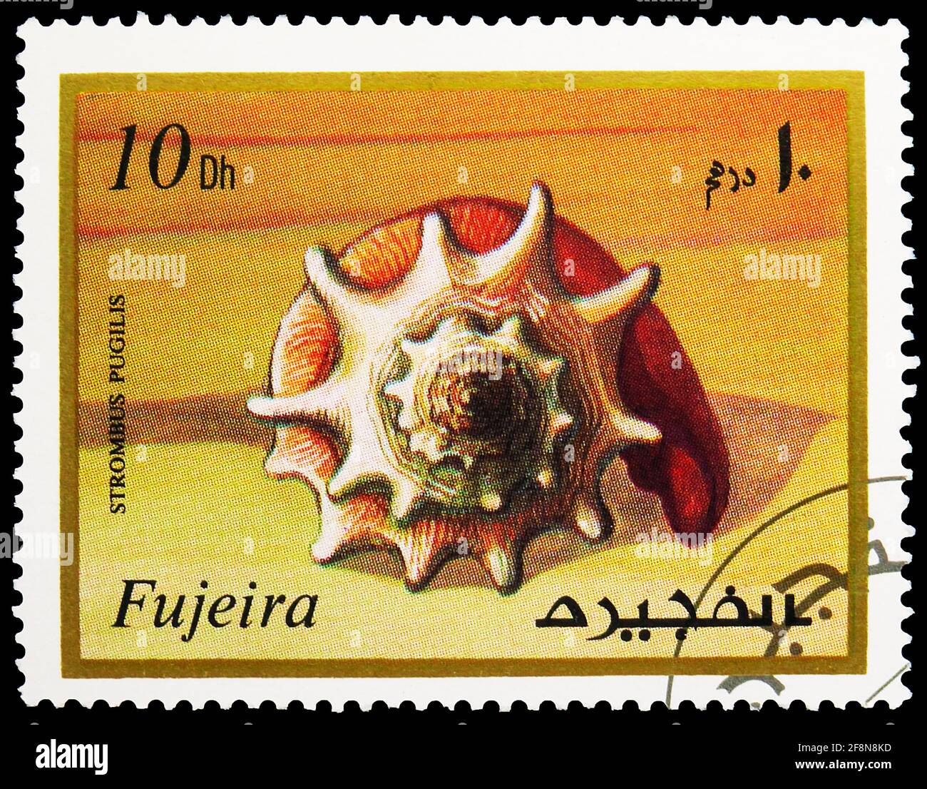 MOSCOW, RUSSIA - SEPTEMBER 30, 2019: Postage stamp printed in Fujairah shows West Indian Fighting Conch (Strombus pugilis), Marine life serie, circa 1 Stock Photo