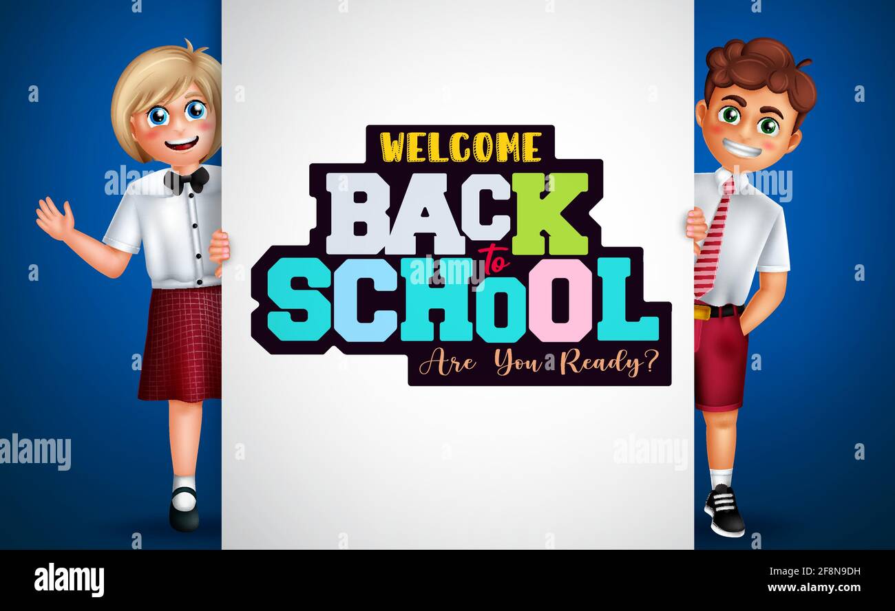 Back to school characters vector background design. Welcome back to school text in white board element with 3d student character for educational Stock Vector