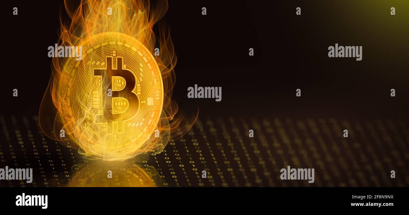 Gold coin Bitcoin in fire flame with binary digital and peer to peer  network. Cryptocurrency and Blockchain technology Concept. 3D Render Stock  Photo - Alamy