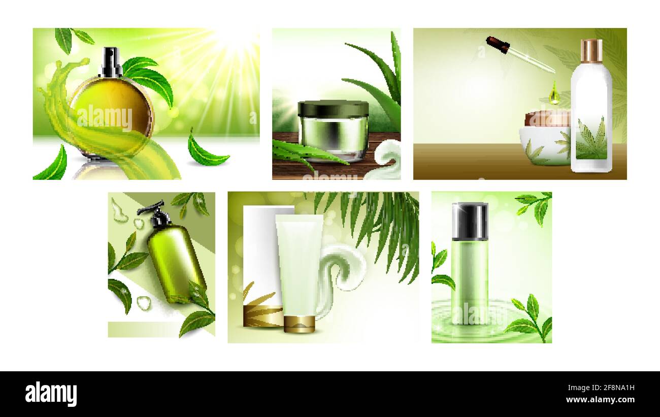 Herbal Cosmetic Promotional Posters Set Vector Stock Vector