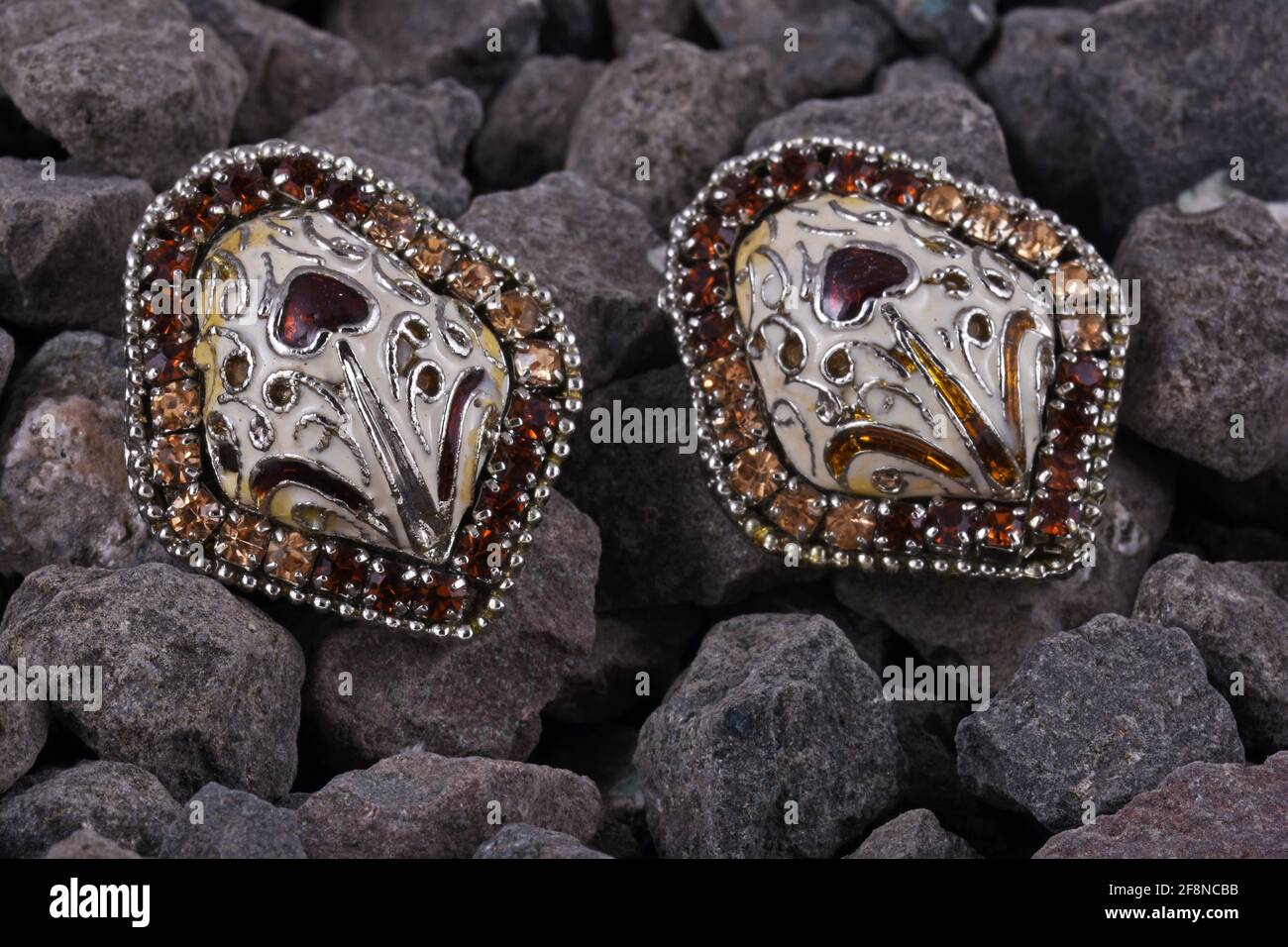 Silver stud earrings with multicolor crystal, Indian traditional jewellery, Indian jewelry Stock Photo