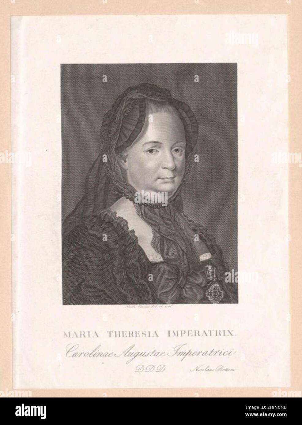 Maria Theresia, Roman-German Empress Maria Theresia in Witwentracht.Chopper engraving by Paolo Carni after paintings by Joseph DuCruux in the painting gallery of the Academy of Fine Arts in Vienna (1769). Illustration for the 1822 published work 'Vite E Ritratti di Venticinque Uomini Illustri' From Niccolò Bettoni. Stock Photo