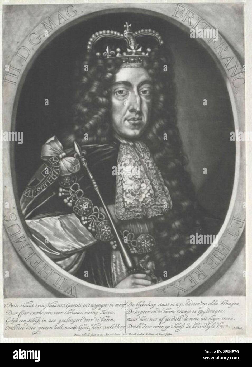 Wilhelm III., Prince of Orania, King of England as King of England etc. in the Kronornat: almost half figure, something from the right; with crown on allon wig, top jabot; Coat and collanes of trouser band order; Scepter in the right; in trimmed light-cut oval framing, with lat. Legend circumferentially, with equally damaged outer corners; Below the representation Dutch. Verses of Jan Norel in two four-line columns; United Kingdom and publisher note as well as privileges note the stalls of Holland and West Frisia. Taper of Pieter Schenk in its own publisher, Amsterdam. Stock Photo