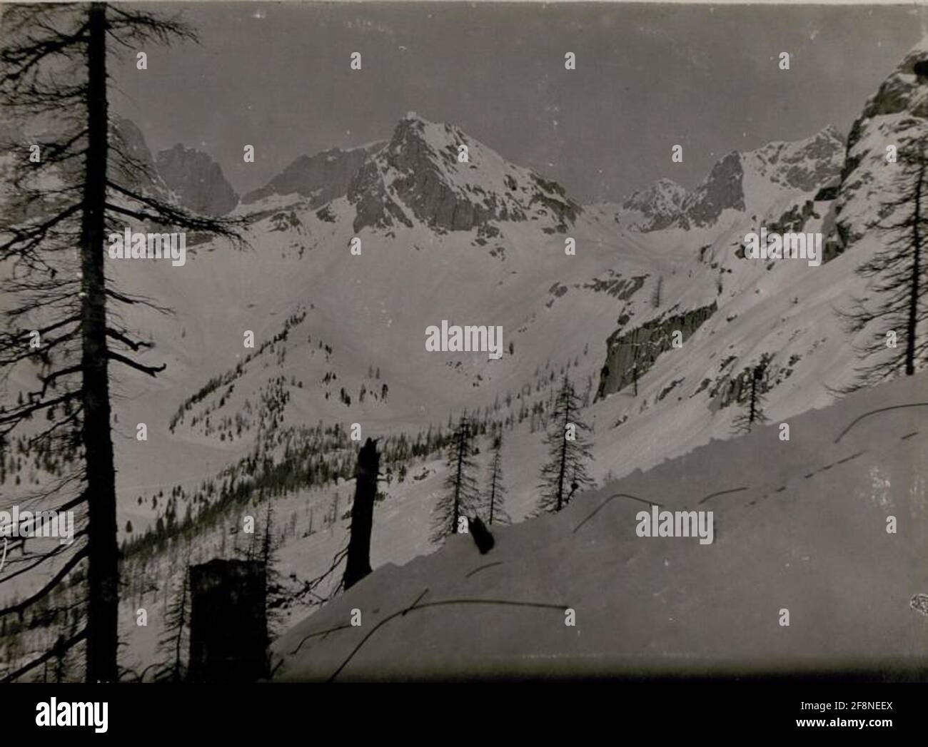 Western Marmolata, avalanche in Costabella Cable Car Middle Station.Col Ombert, Cime Cardina, Behind Vernel, Marmolata, Front Forecalpe. Stock Photo