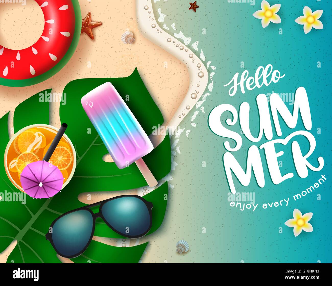 Hello summer vector concept design. Hello summer enjoy every moment text in seashore background with leaves, popsicle and juice elements for relax. Stock Vector