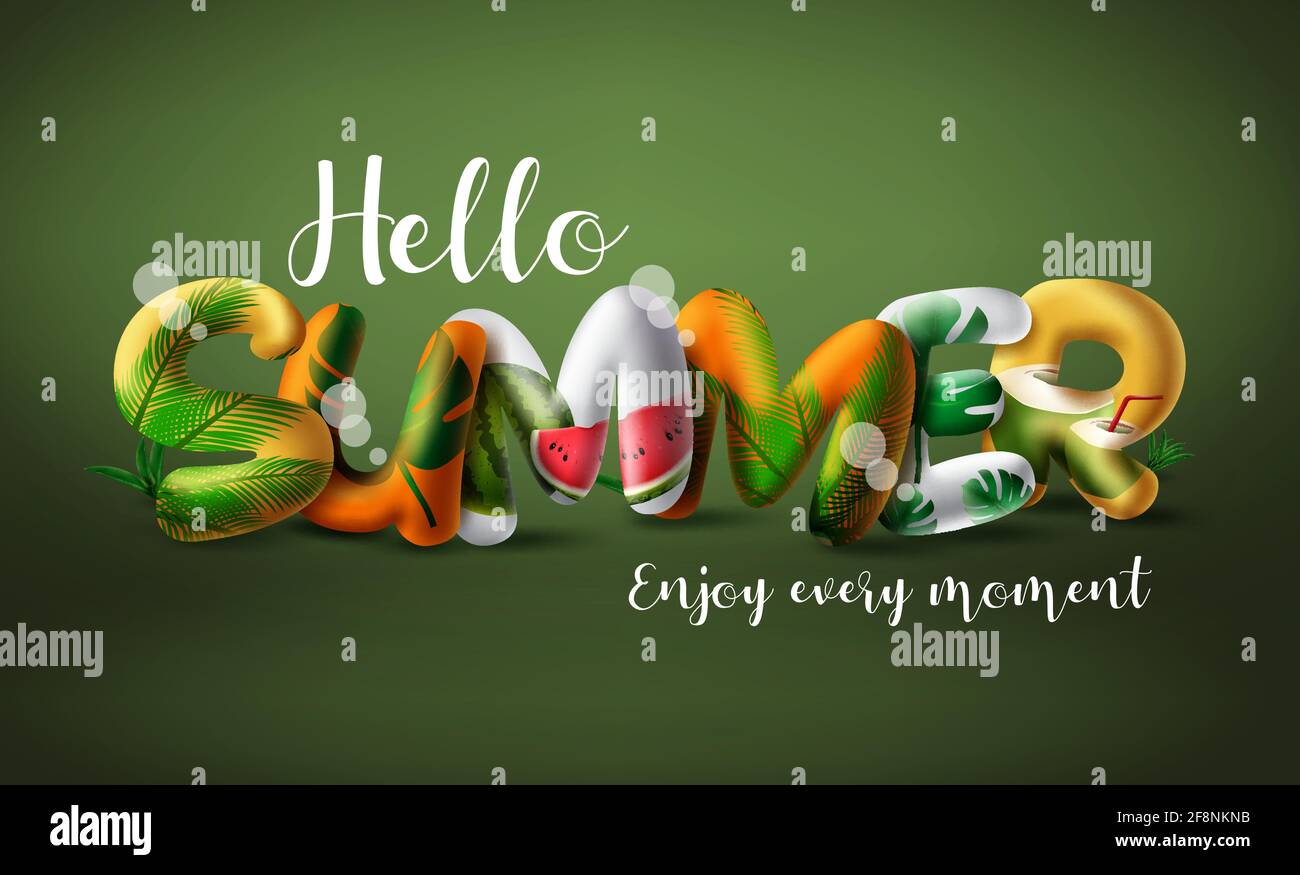 Hello summer 3d vector banner design. Hello summer enjoy every moment text in green background with leaves and fruits design element for tropical. Stock Vector