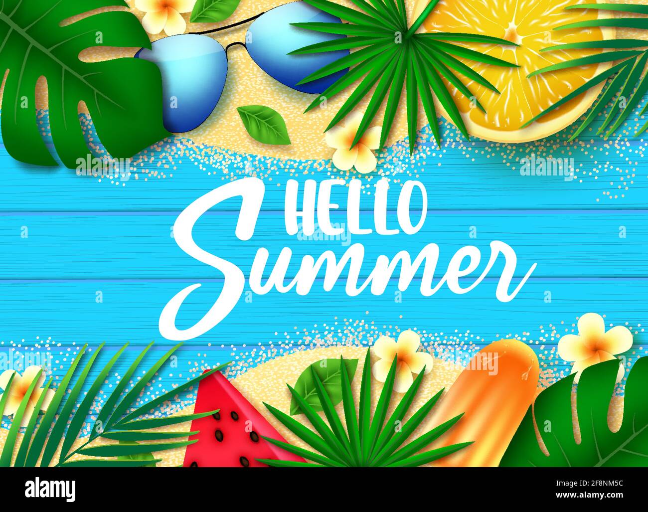 Hello summer vector banner background. Hello summer text with elements like  plants, sunglasses and fruits for relax tropical season nature design Stock  Vector Image & Art - Alamy