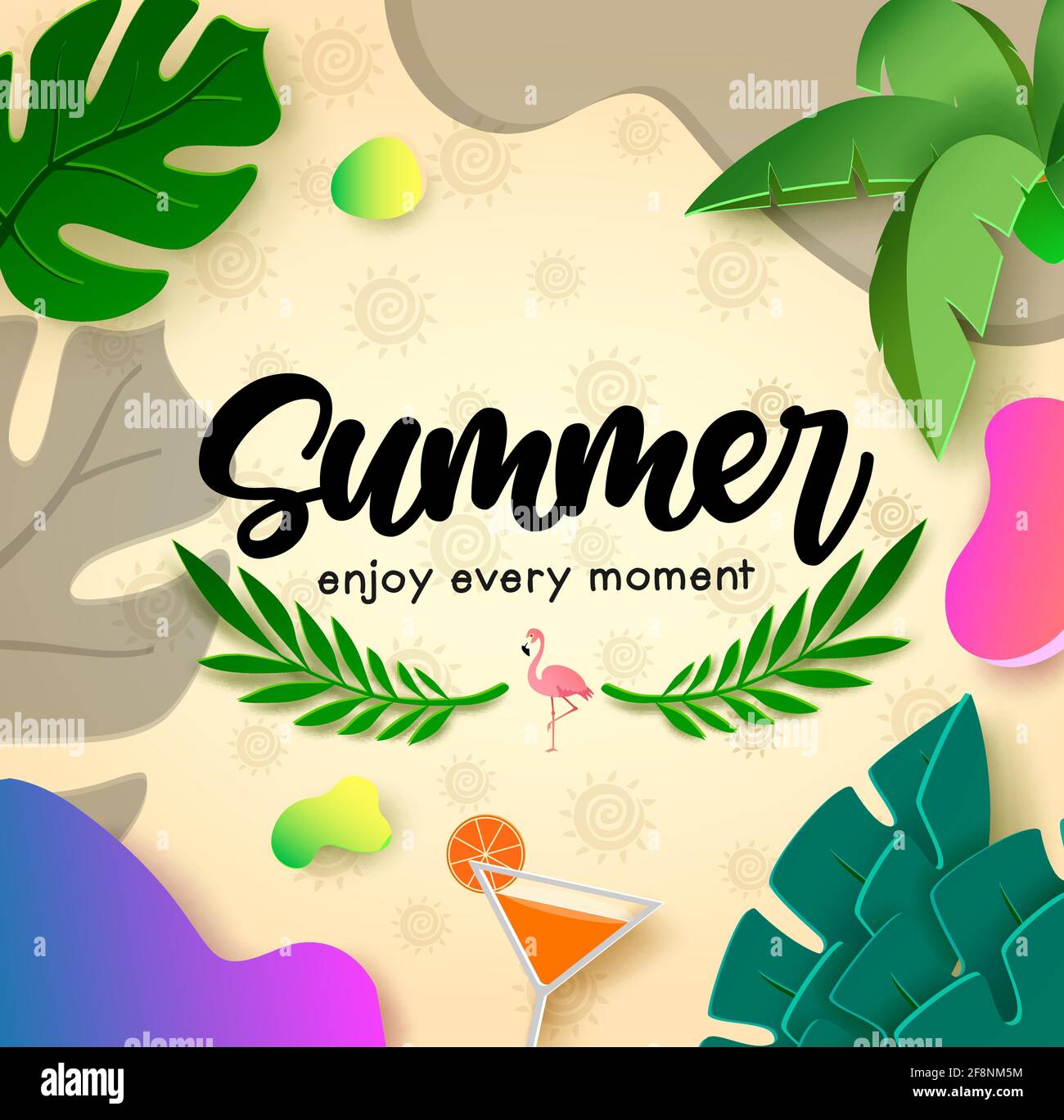 Summer vector banner background. Summer enjoy every moment text in pattern decoration with paper cut plant leaves and abstract shape for tropical. Stock Vector