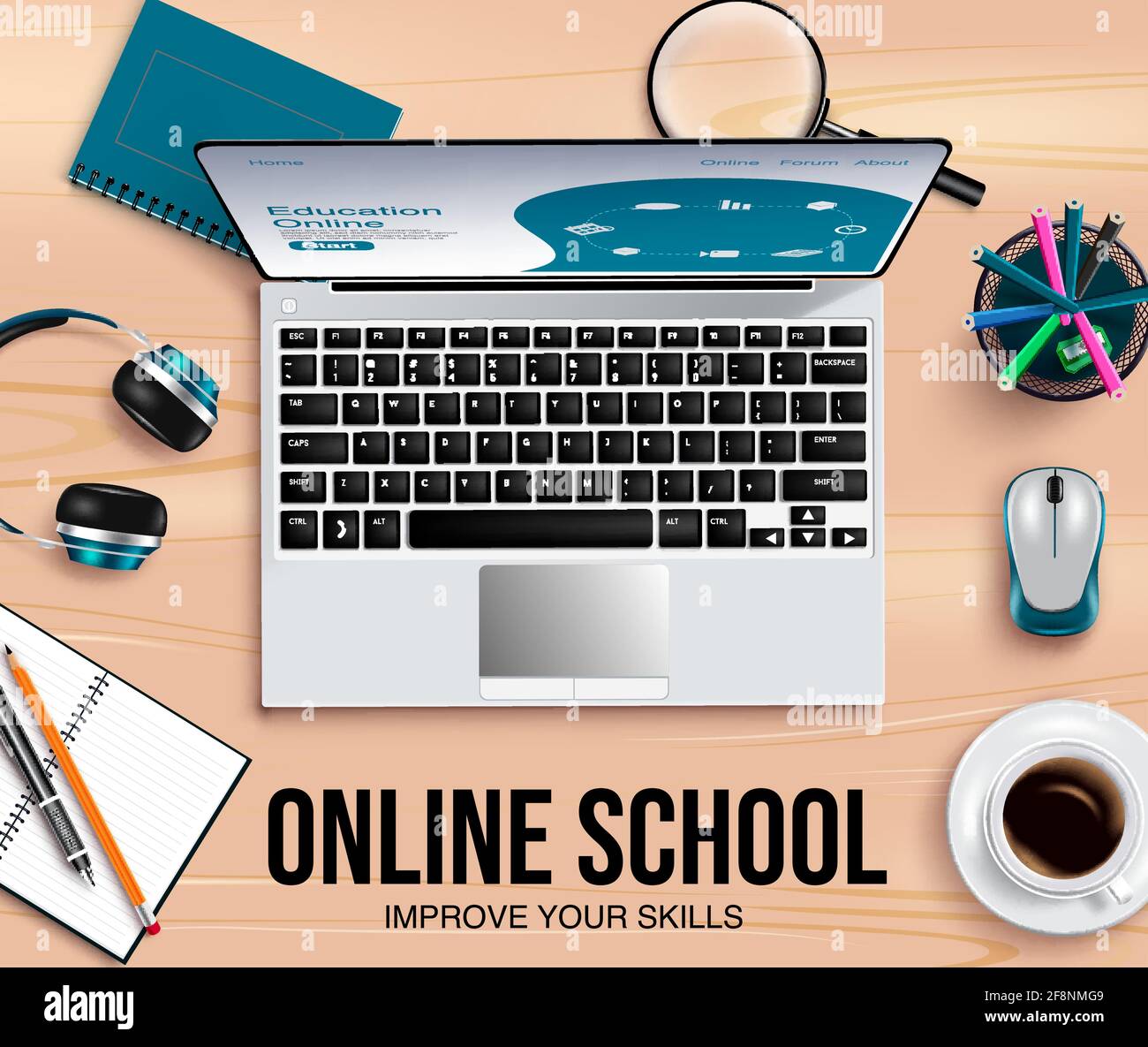 Online school education vector banner background. Online school improve yor  skills text with digital tools like laptop, mouse and headphones elements  Stock Vector Image & Art - Alamy