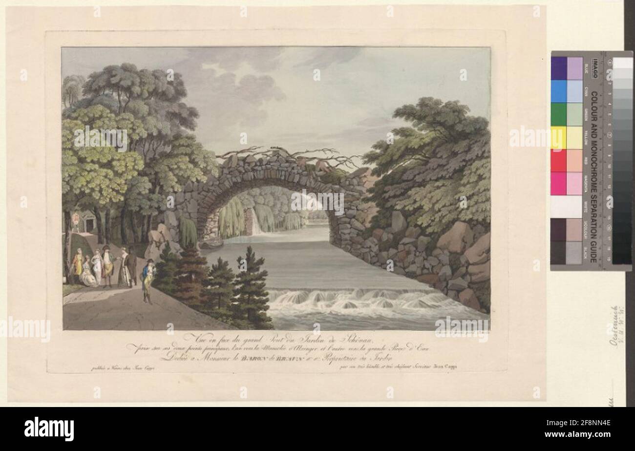 View in front of the Grand Bridge of the Garden of Schönau, taken on its two main points, one towards the mausoleum of Alxinger and the other towards the large piece of water. Widmung: Dediée has Baron de Braun &. &. Garden owner Stock Photo