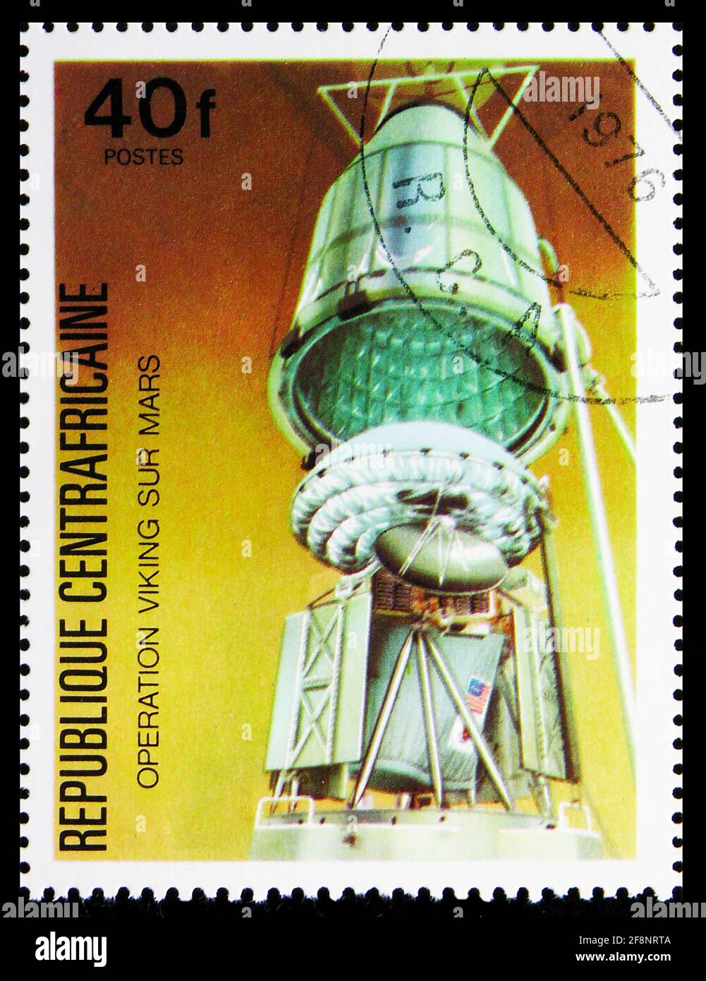 MOSCOW, RUSSIA - OCTOBER 5, 2019: Postage stamp printed in Central African Republic shows Mounting of one Viking probe, Viking Program serie, circa 19 Stock Photo