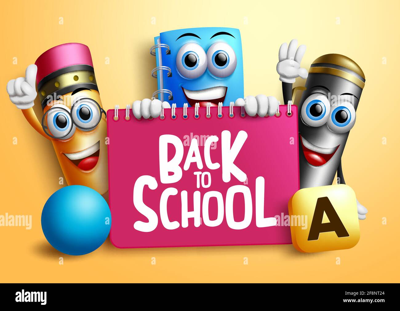 Back to school characters vector banner design. Back to school text with ballpen, pencil and notebook 3d character holding notepad for educational. Stock Vector