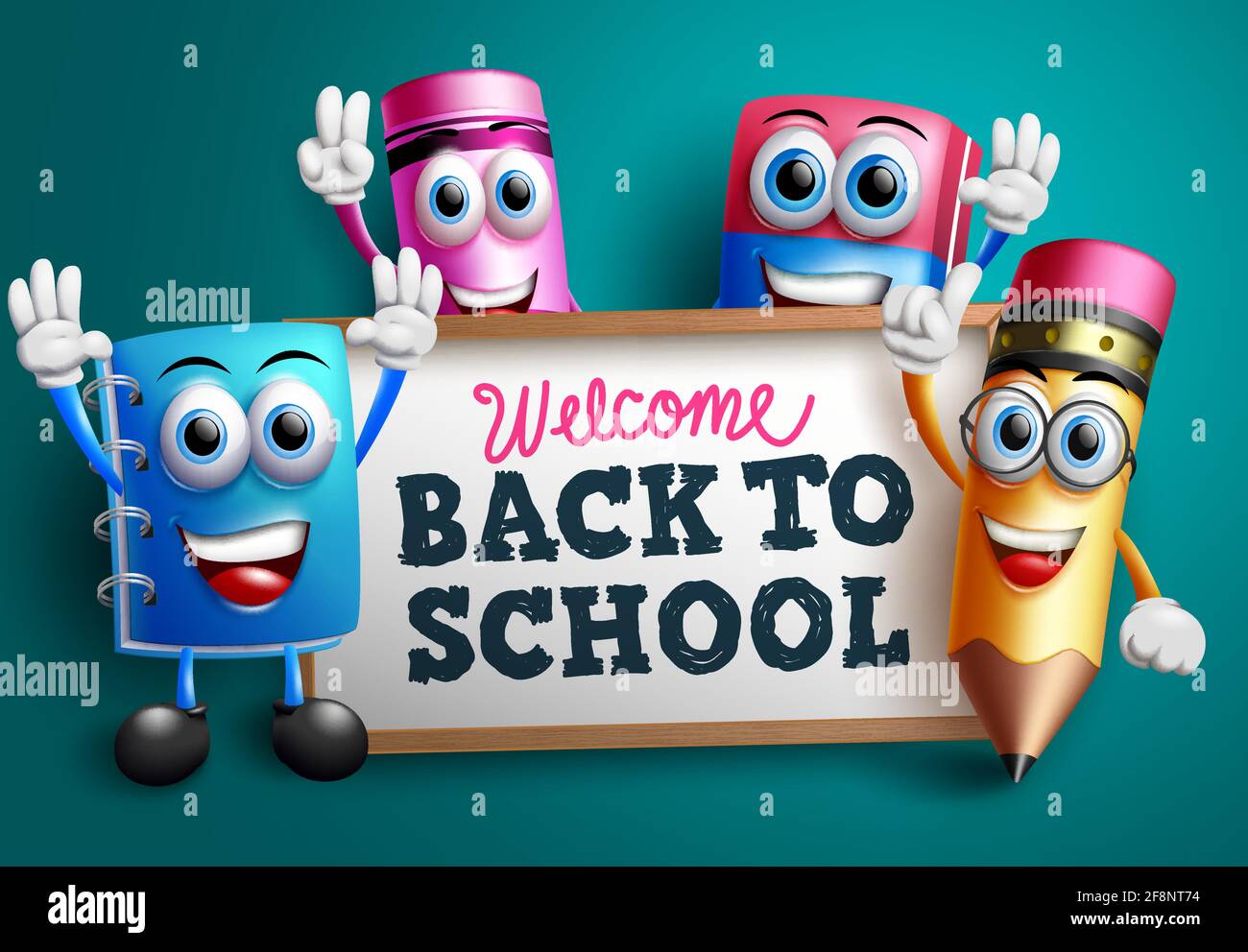 Back to school character vector banner design. Welcome back to school text  with educational 3d characters like pencil and notebook for teach and learn  Stock Vector Image & Art - Alamy