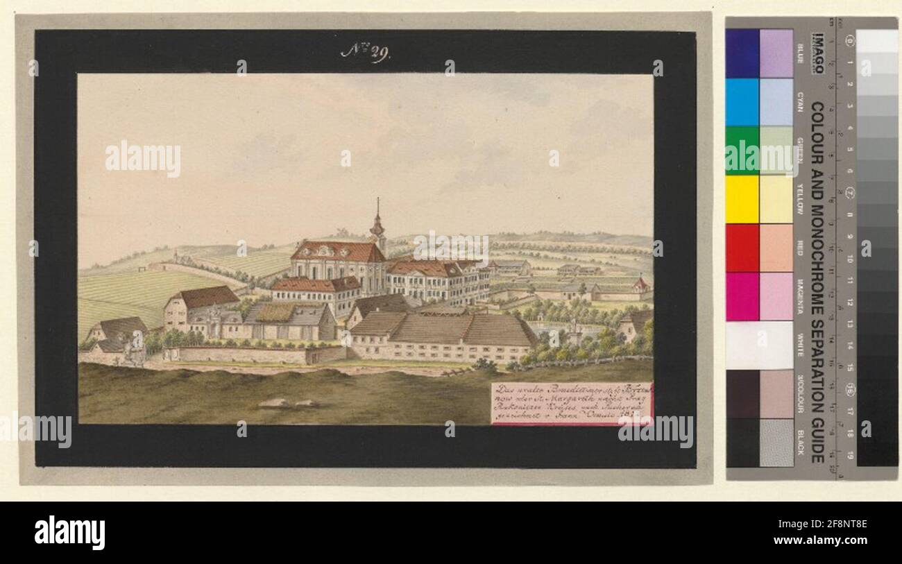 The ancient Benedictine pin Bržewnow or St. Margareth Neechst Prague Rakonitzer circle, drawn to Pucherna v. Joann Venuto. Stock Photo