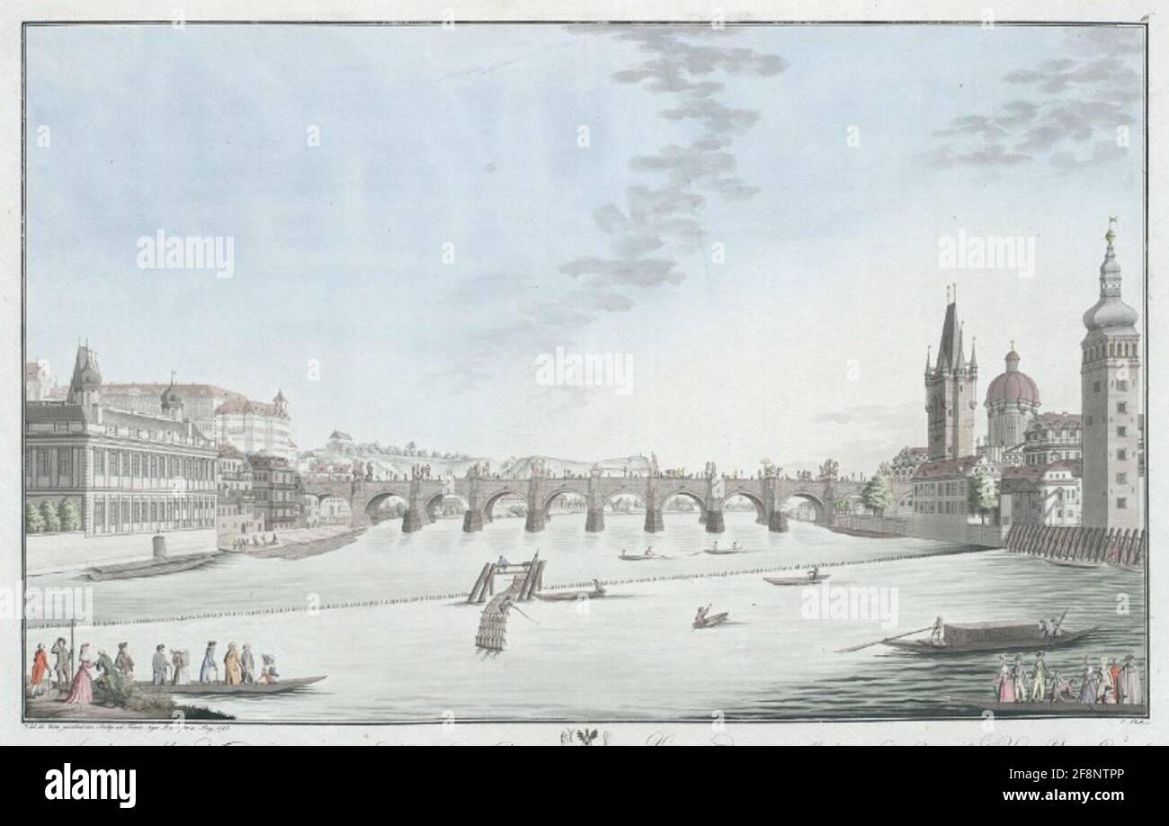 Moldu Flussies Und der Brücke der Haupt Stadt Prag in Böhmen von der Mittag Seite Anzusehen. View of the river of Moldova and Bridge of the city of Prague Capital in Boheme towards the South. Widmung: dedicated to His Excellency François Joseph Count of Pachta Baron de Rayowa Current intimate state councilor of Her Majesty Royal Apostol Grand Judge and President Jubilee Provincial Rights in Kingdom of Boheme & & Stock Photo